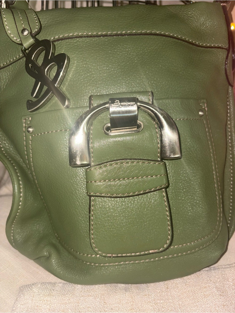 b. makowsky Olive Green Leather Crossbody with Silver Hardware